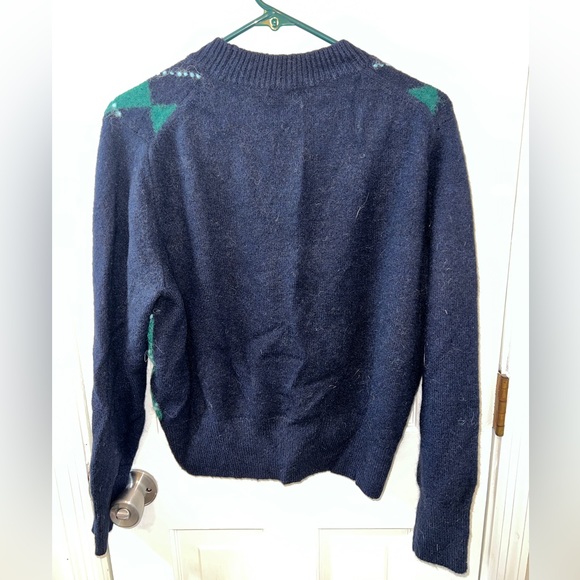 J. Crew Argyle Cropped Crewneck Sweater in Heather Navy Spruce Aqua - Picture 2 of 7